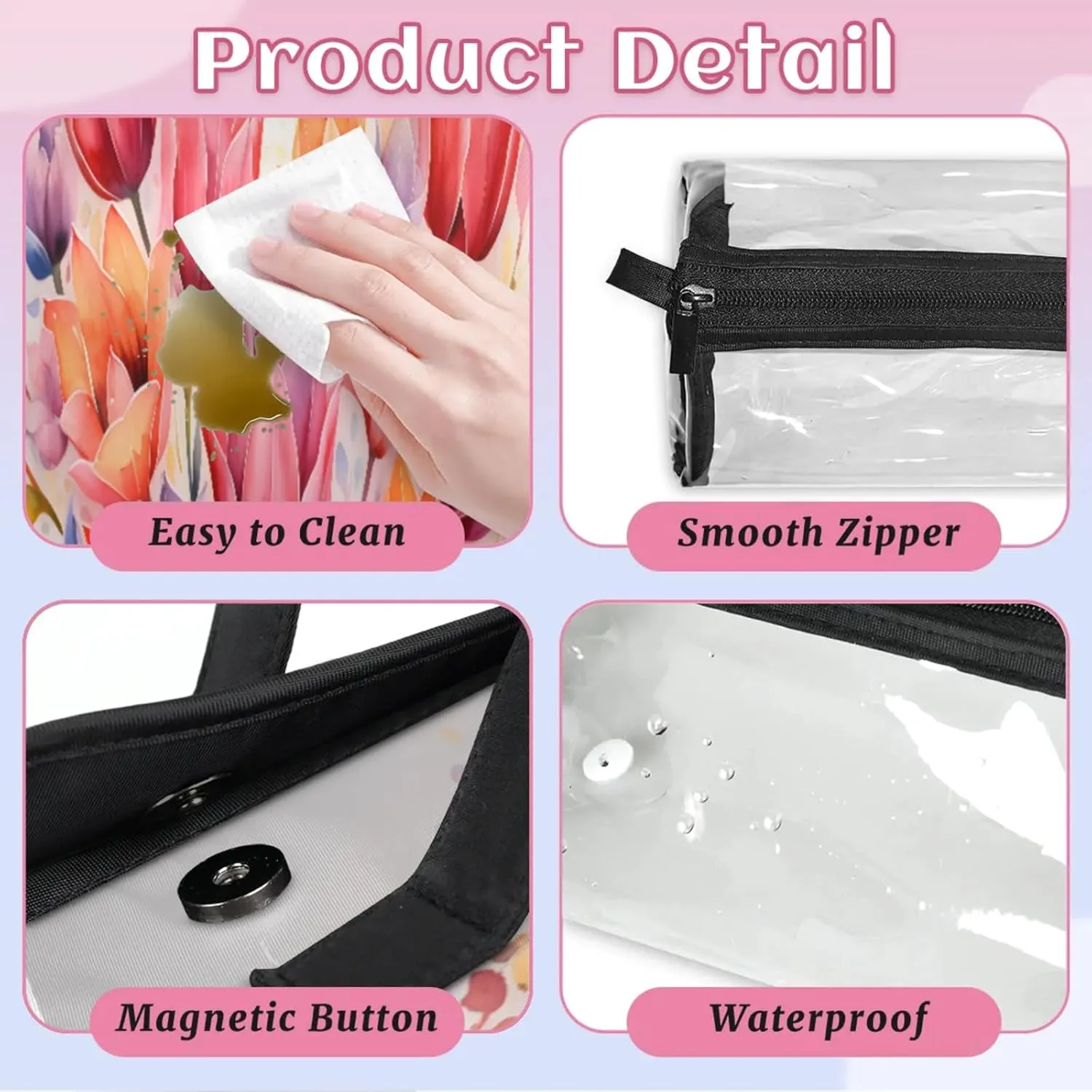 Autumn Flowers Pattern Toiletry Bag Water Proof Travel Makeup Case Large Capacity 4 in 1 Foldable Cosmetics Storage for Women Men Removable Zipper Clear PVC Pockets