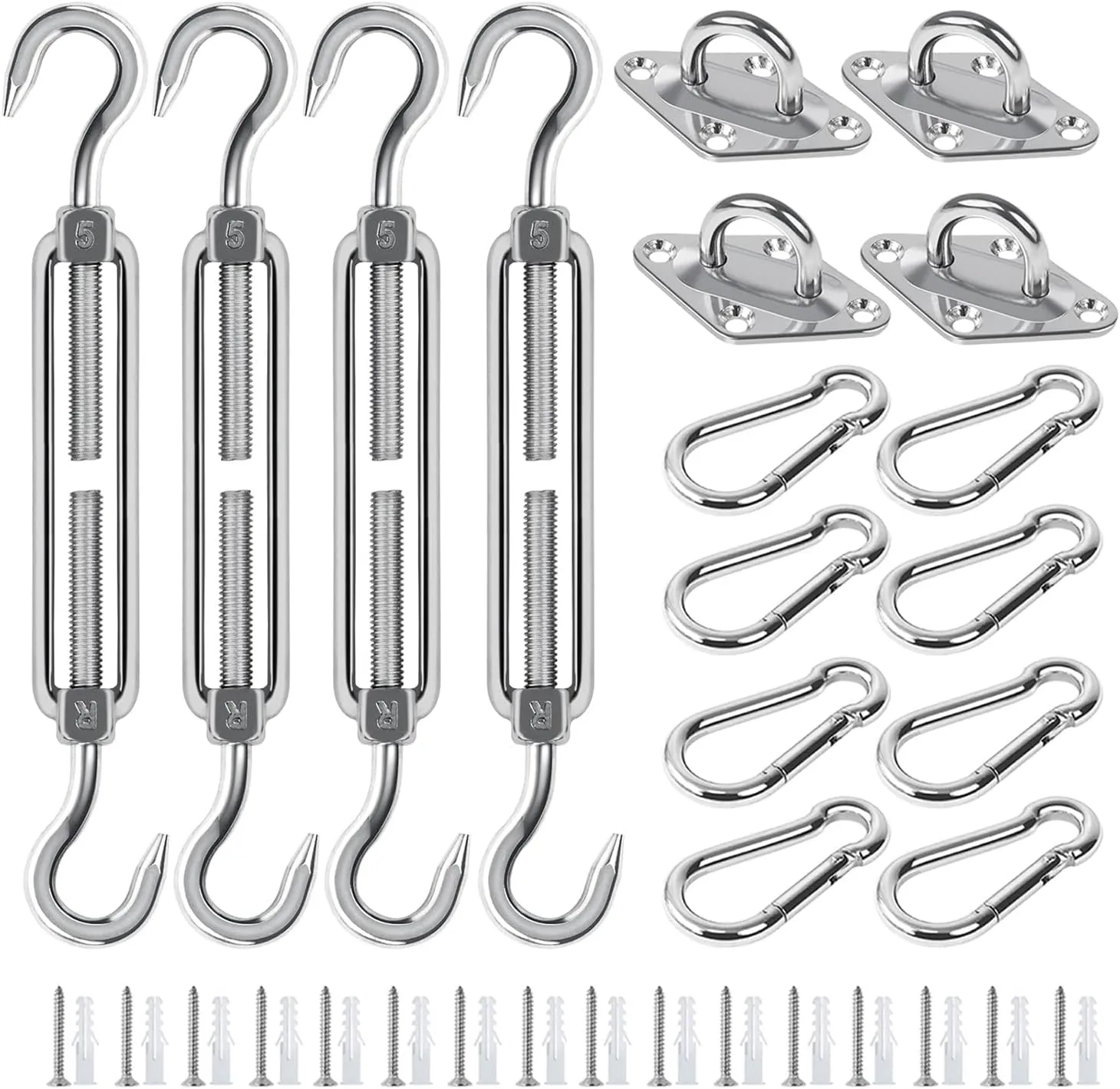 Awning Attachment Set, M5 Heavy Duty Sun Shade Sail Stainless Steel Hardware Kit Rectangle Triangle and Square, Sunshade Hook, Garden/Outdoor/Patio Lawn（48pcs