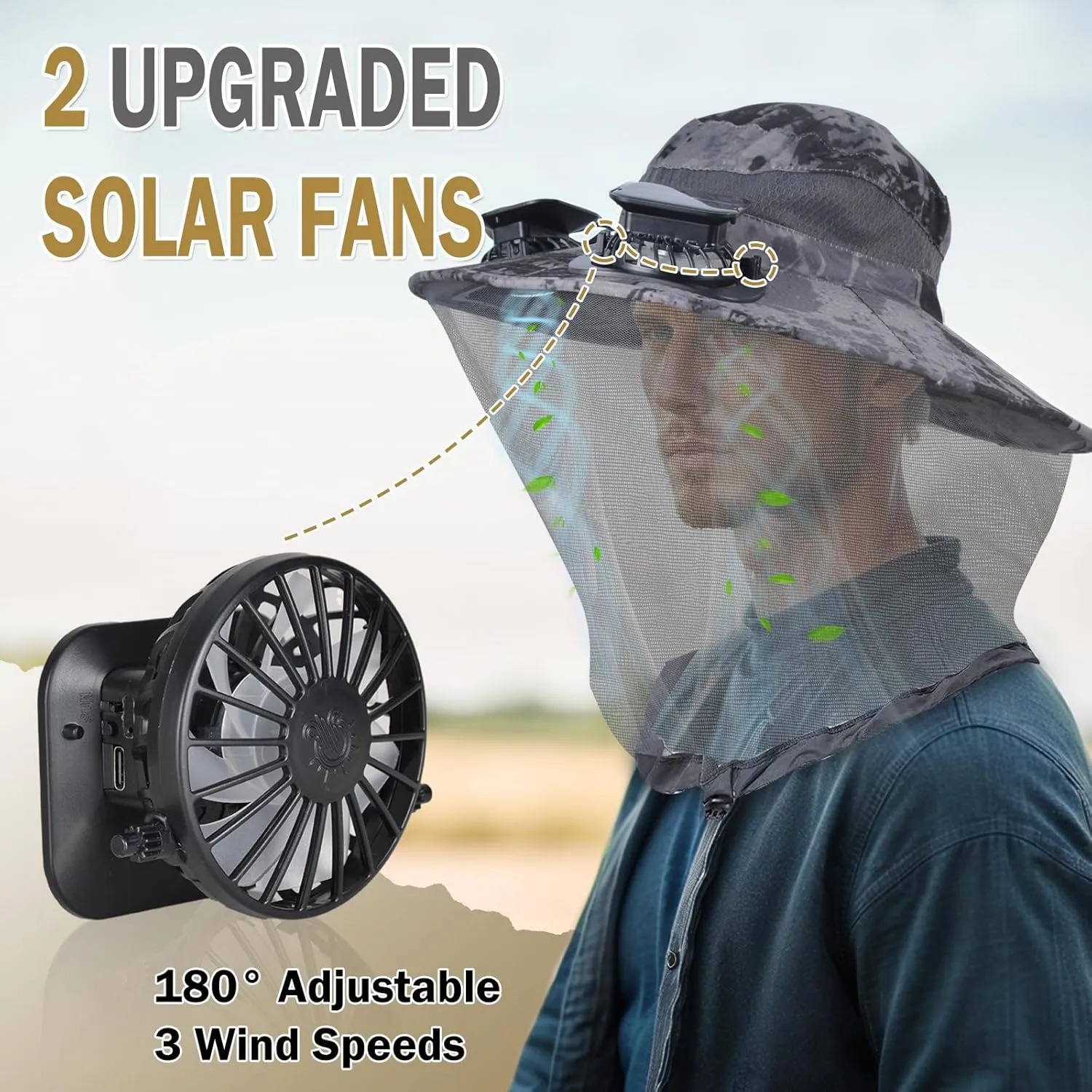 ayamaya Mosquito Net Hat with Fan Built-in, Wide Brim Solar Fan Hat with Netting, 3 Speeds Adjustable for Men Women Outdoor