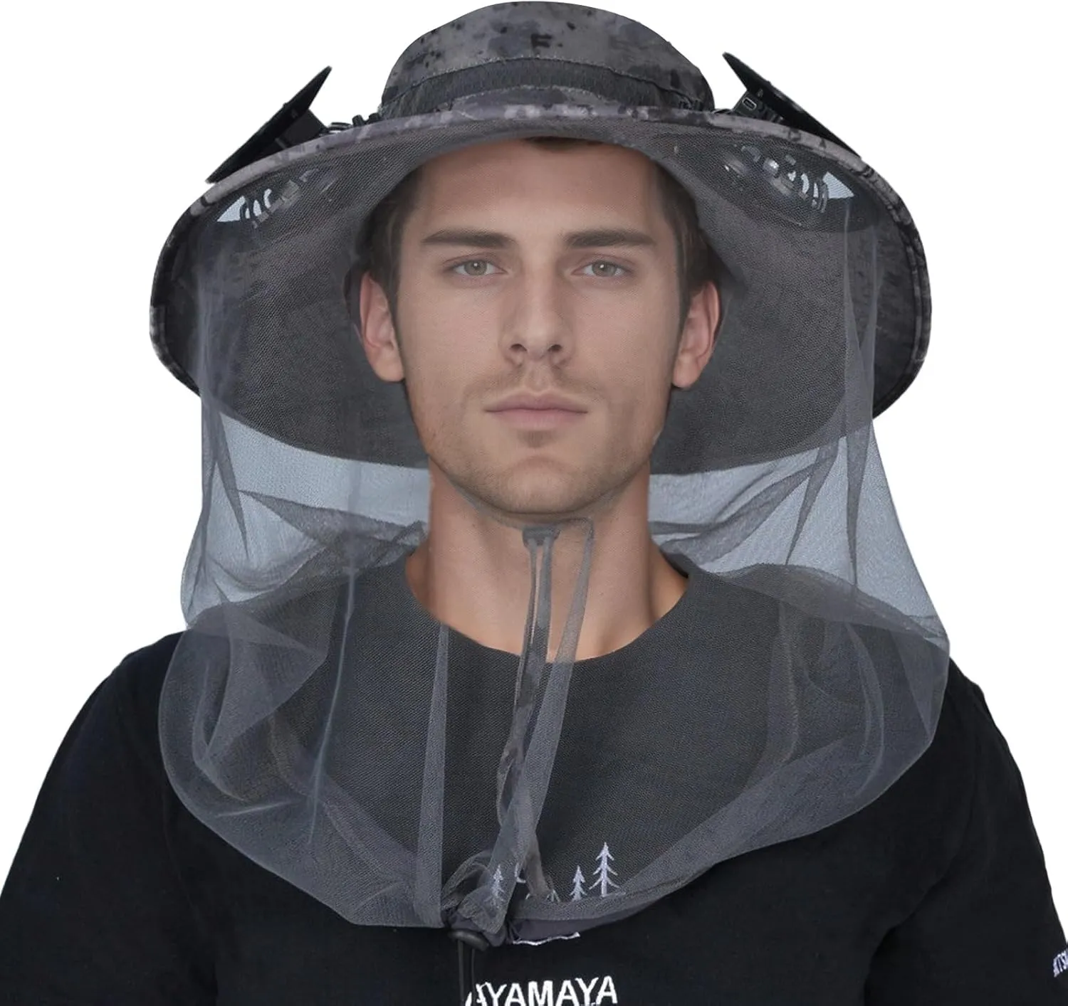 ayamaya Mosquito Net Hat with Fan Built-in, Wide Brim Solar Fan Hat with Netting, 3 Speeds Adjustable for Men Women Outdoor