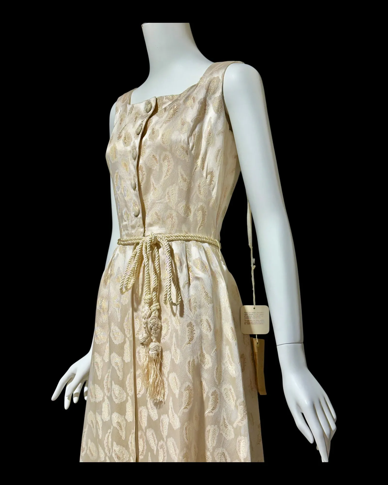 B. COHEN vintage 1940s silk dressing evening gown, house dress, ivory gold metallic feather button front