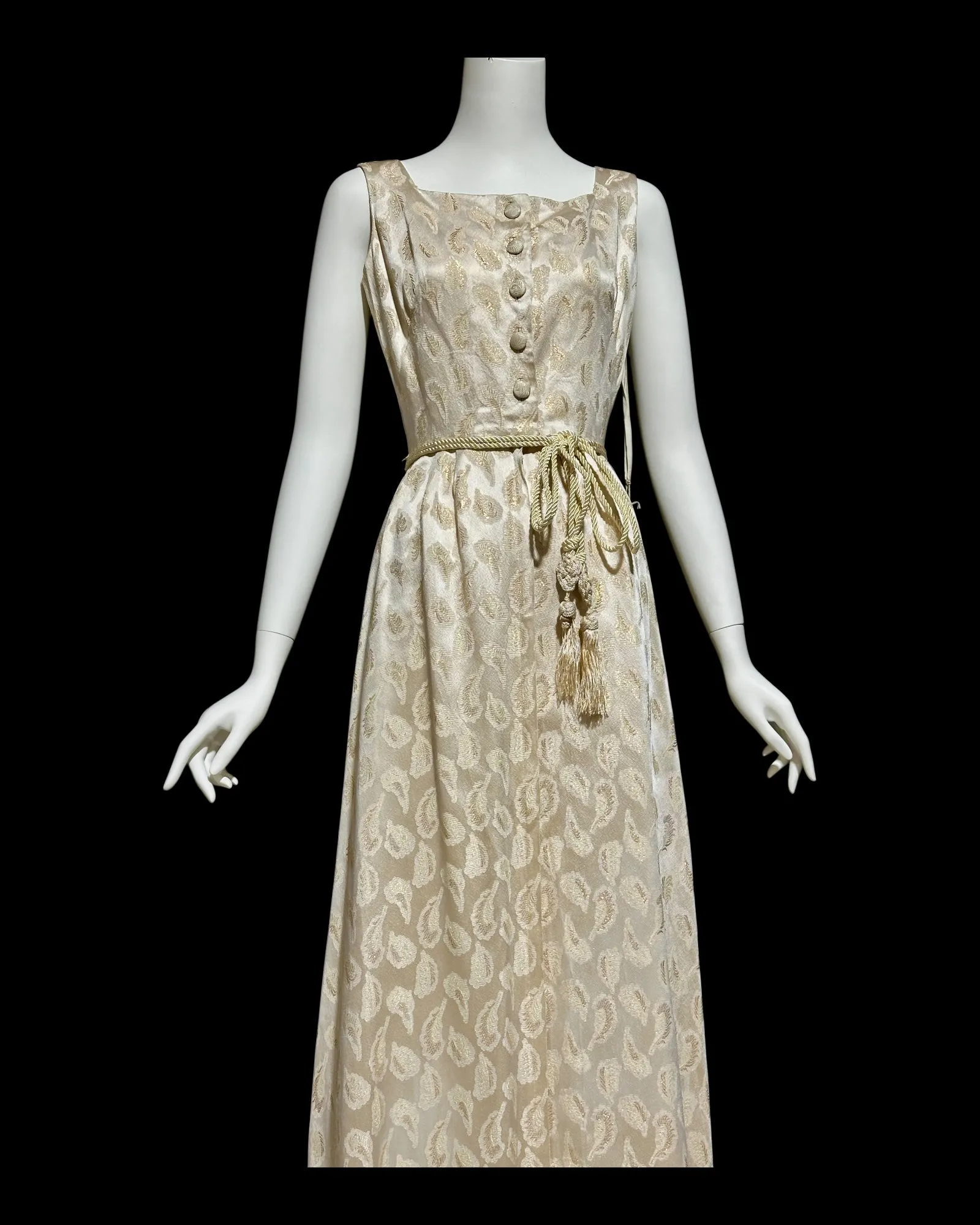 B. COHEN vintage 1940s silk dressing evening gown, house dress, ivory gold metallic feather button front