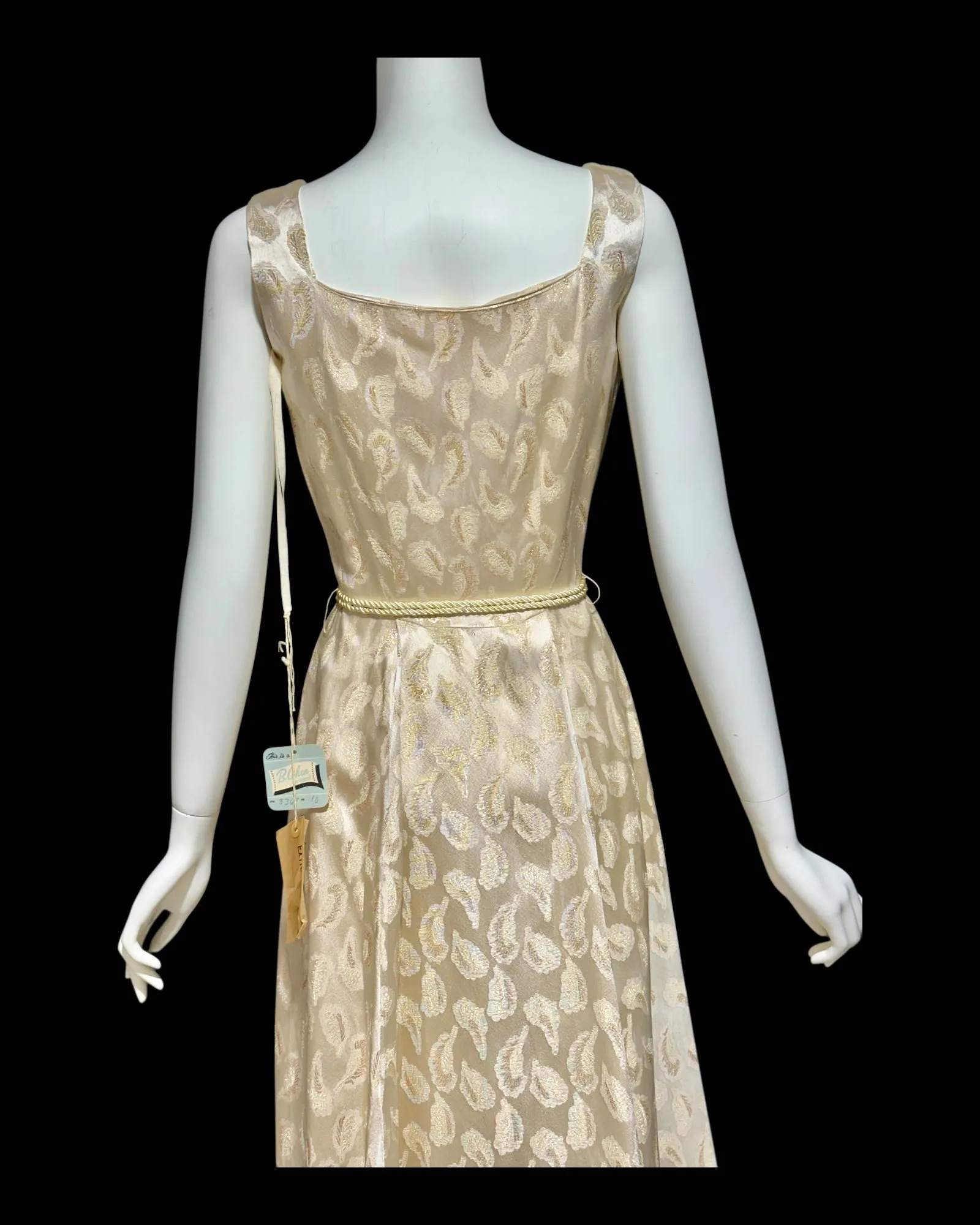 B. COHEN vintage 1940s silk dressing evening gown, house dress, ivory gold metallic feather button front