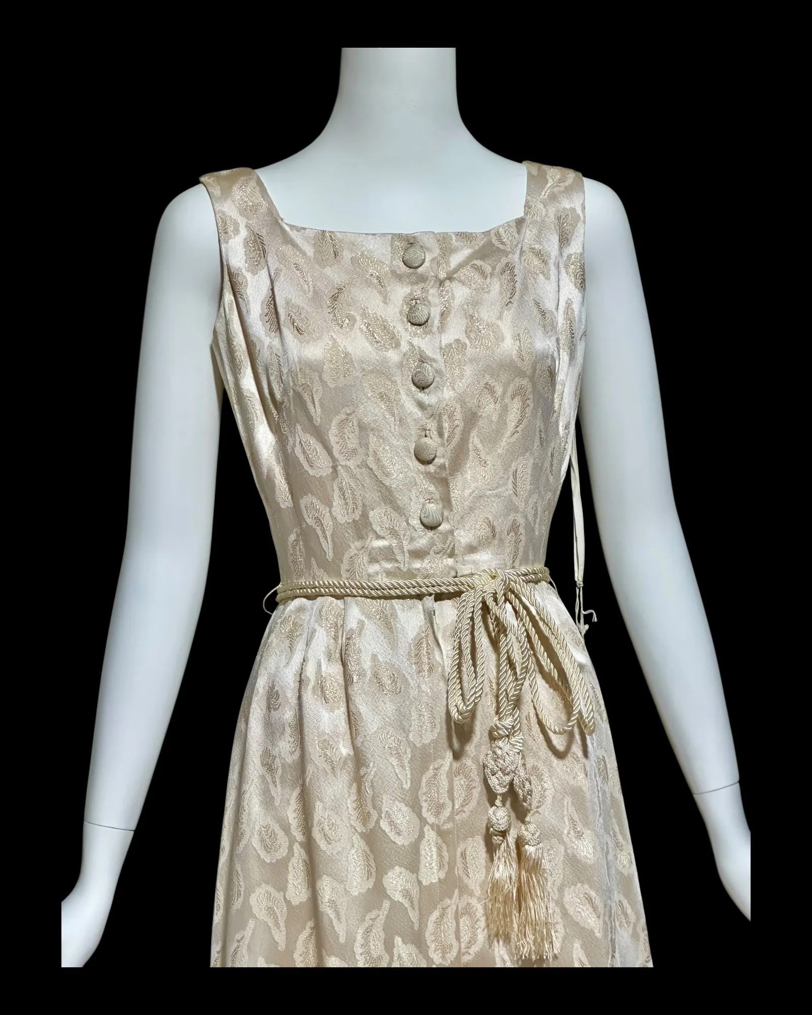 B. COHEN vintage 1940s silk dressing evening gown, house dress, ivory gold metallic feather button front