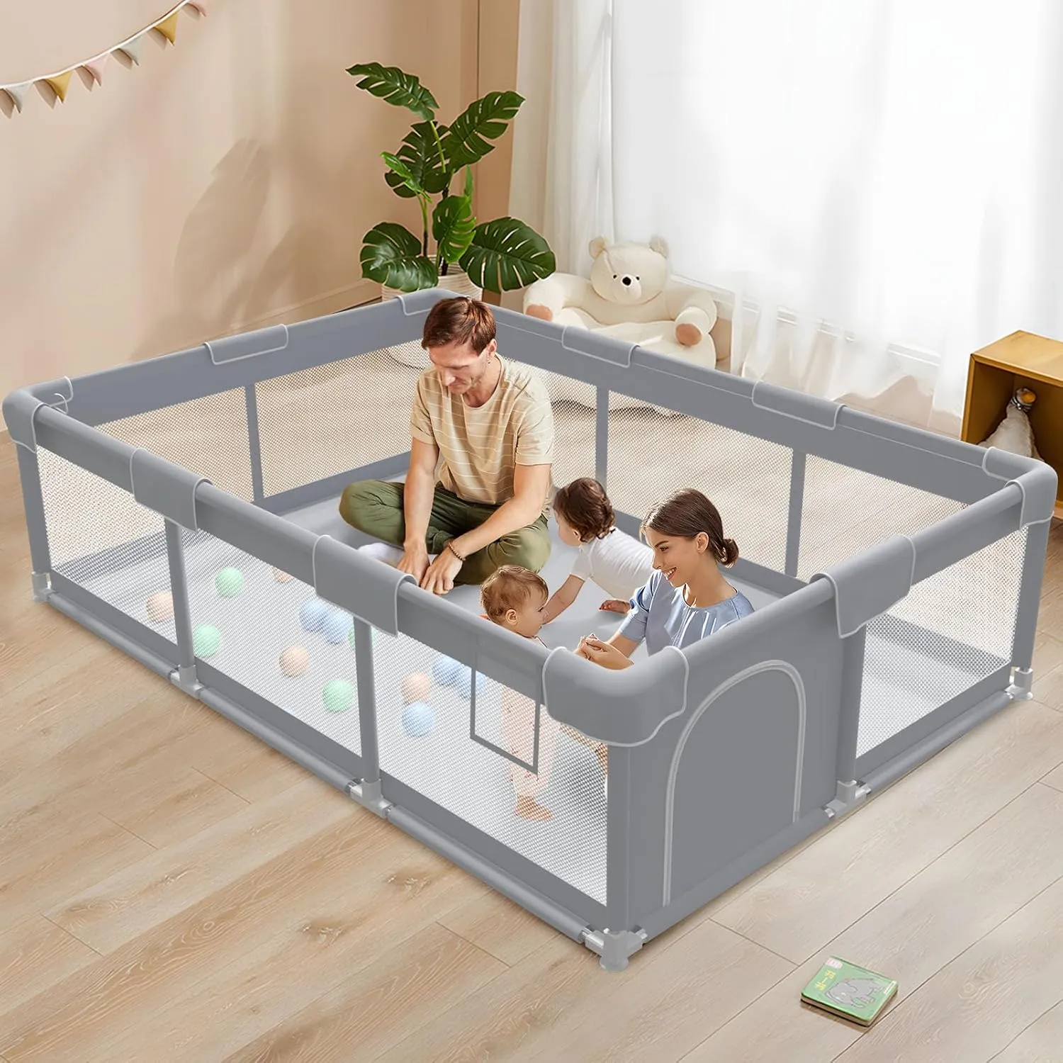 Baby Playpen Extra Large Play Yard 74" x 50" Playpen for Babies and Toddlers with Anti-Slip Suckers and Zipper Gate, Safety Baby Activity Center for Indoor & Outdoor