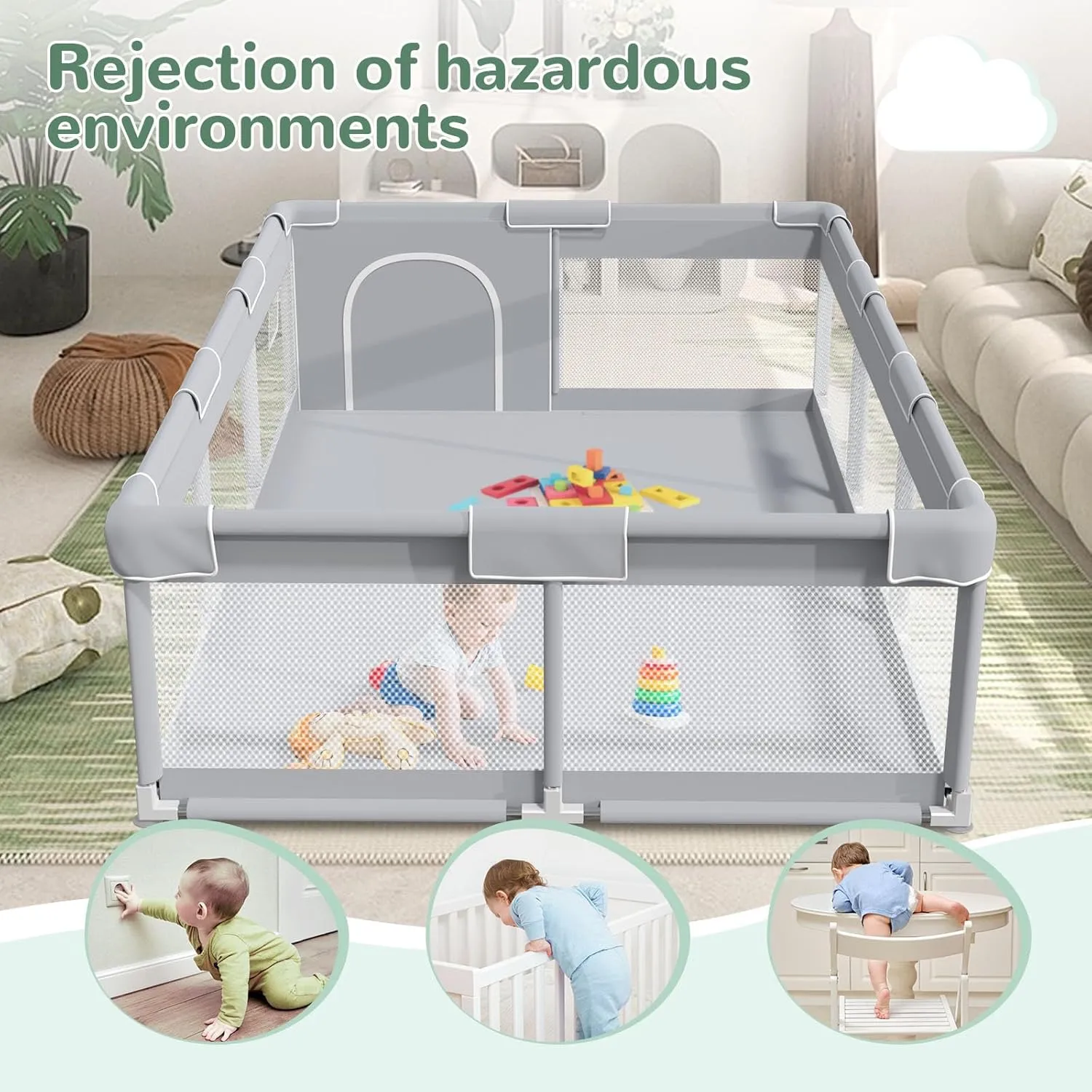 Baby Playpen Extra Large Play Yard 74" x 50" Playpen for Babies and Toddlers with Anti-Slip Suckers and Zipper Gate, Safety Baby Activity Center for Indoor & Outdoor