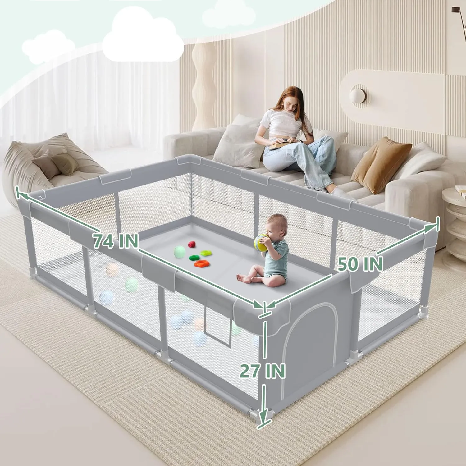 Baby Playpen Extra Large Play Yard 74" x 50" Playpen for Babies and Toddlers with Anti-Slip Suckers and Zipper Gate, Safety Baby Activity Center for Indoor & Outdoor