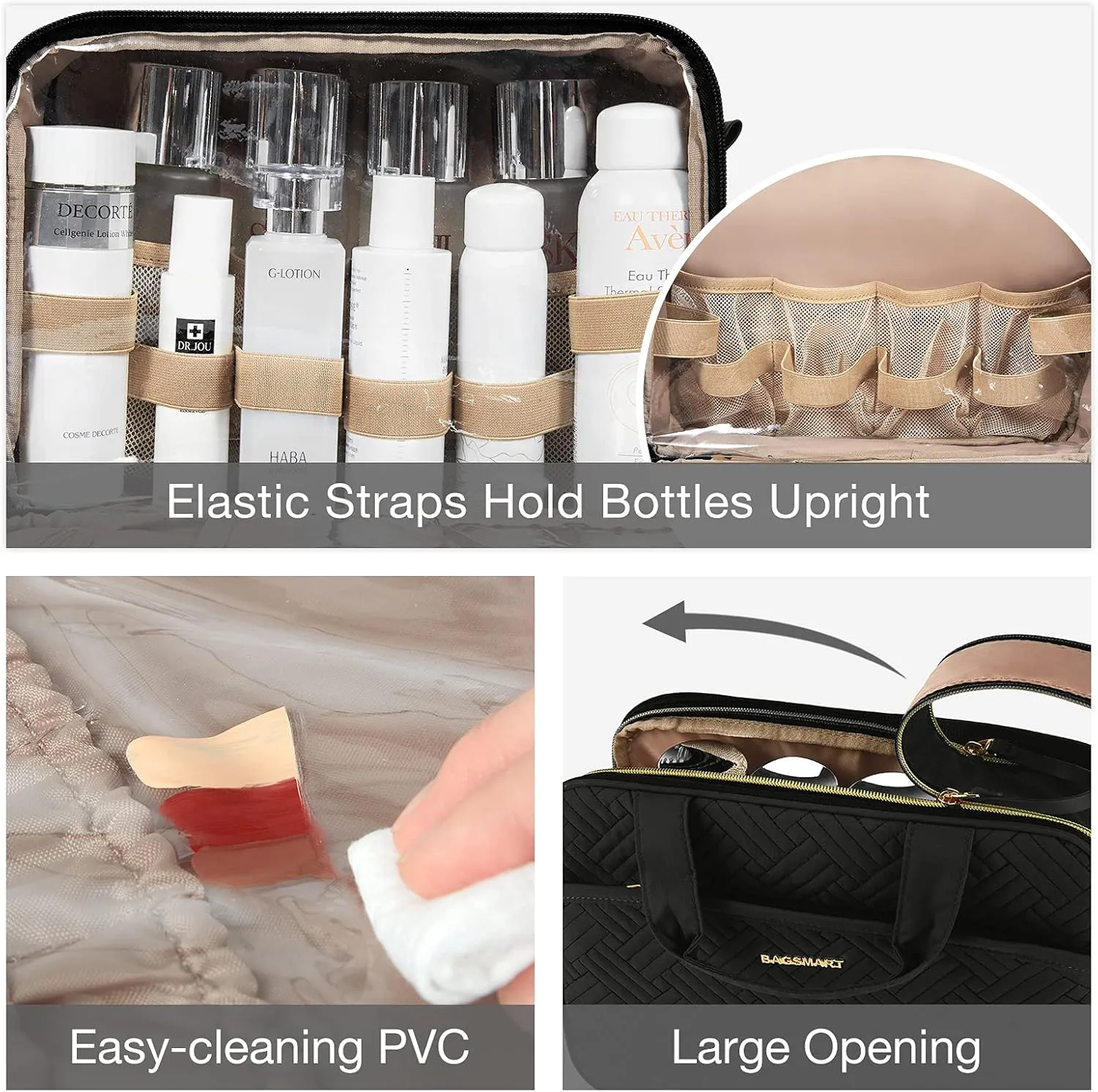 BAGSMART Large Toiletry Bag, Travel Makeup Organizer, Water-resistant Makeup Cosmetic Bag Door Room Essentials Travel Bag for Accessories, Shampoo, Full Sized Container, Toiletries (Black, Large)