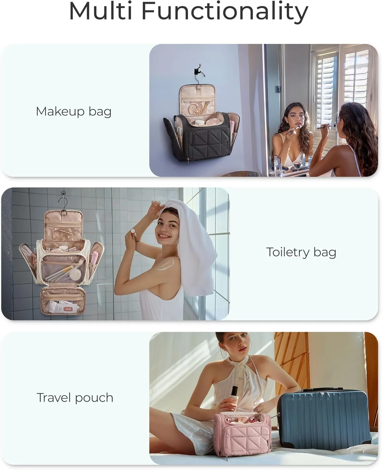 BAGSMART Toiletry Bag Travel Bag with Hanging Hook, Water-resistant Lightweight Puffy Makeup Bag Large Wide-open Travel Bag for Women Travel Organizer for Accessories, Cosmetics, Toiletries, Nude Pink