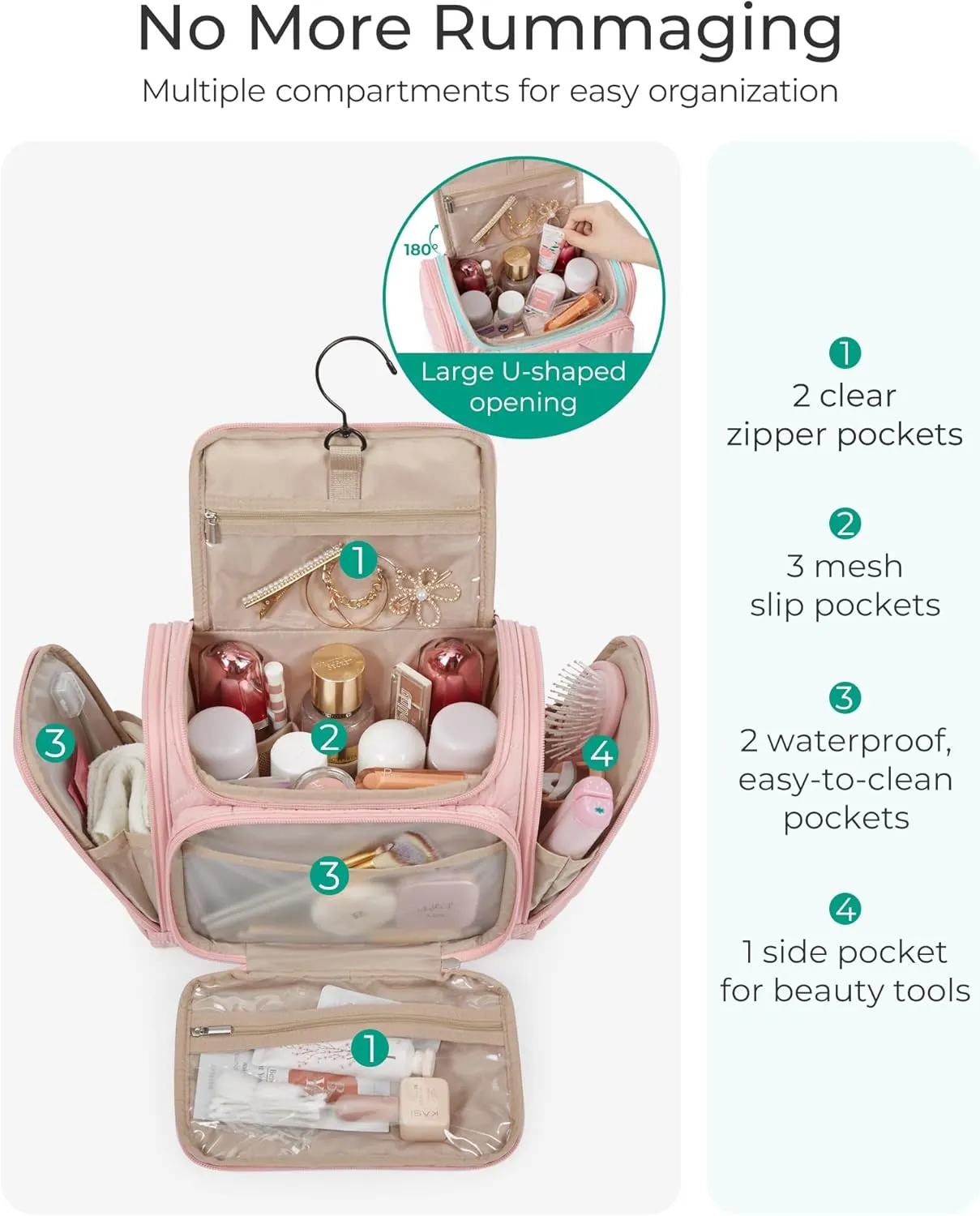 BAGSMART Toiletry Bag Travel Bag with Hanging Hook, Water-resistant Lightweight Puffy Makeup Bag Large Wide-open Travel Bag for Women Travel Organizer for Accessories, Cosmetics, Toiletries, Nude Pink