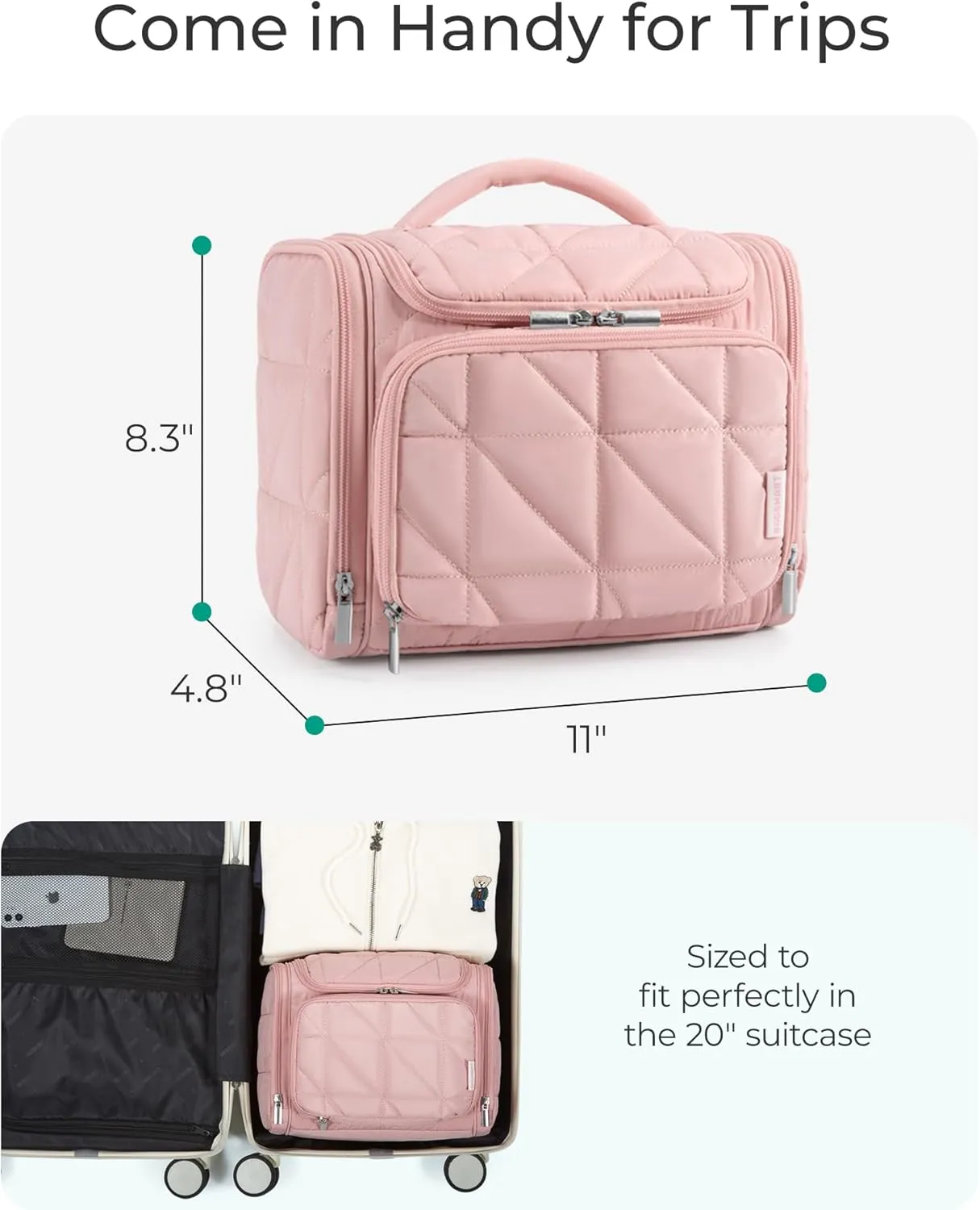 BAGSMART Toiletry Bag Travel Bag with Hanging Hook, Water-resistant Lightweight Puffy Makeup Bag Large Wide-open Travel Bag for Women Travel Organizer for Accessories, Cosmetics, Toiletries, Nude Pink