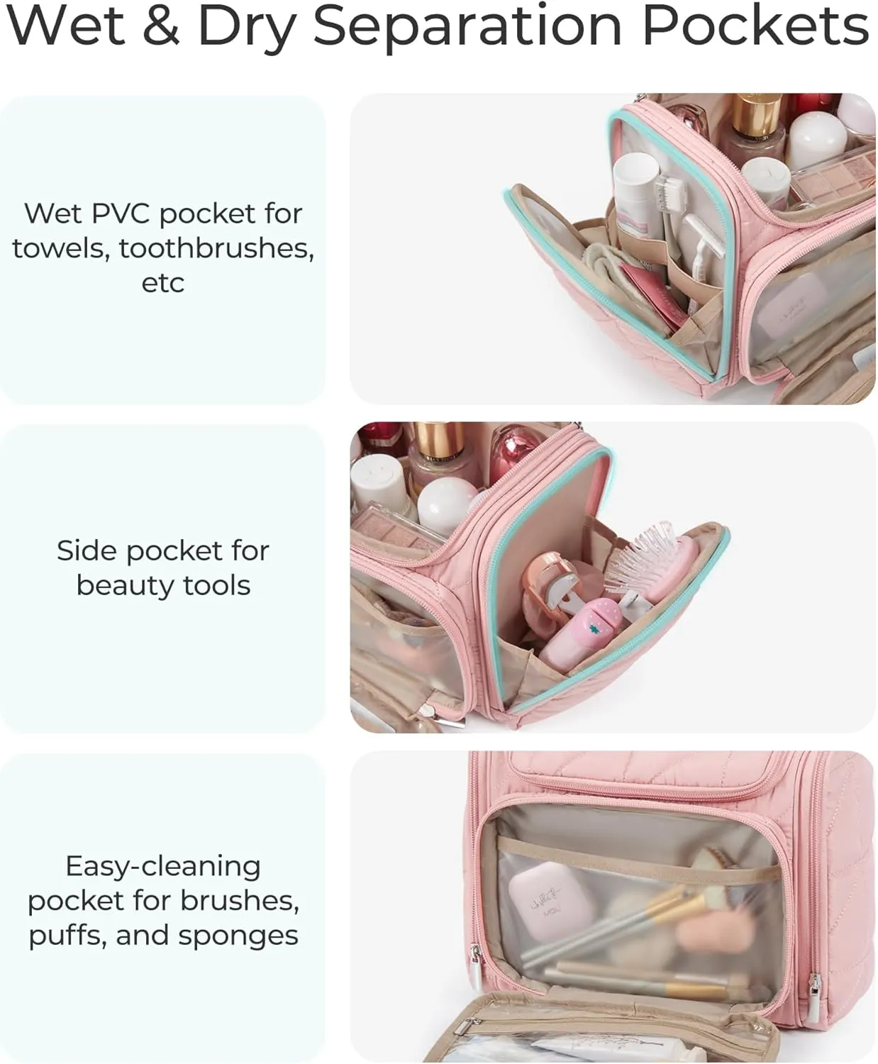 BAGSMART Toiletry Bag Travel Bag with Hanging Hook, Water-resistant Lightweight Puffy Makeup Bag Large Wide-open Travel Bag for Women Travel Organizer for Accessories, Cosmetics, Toiletries, Nude Pink