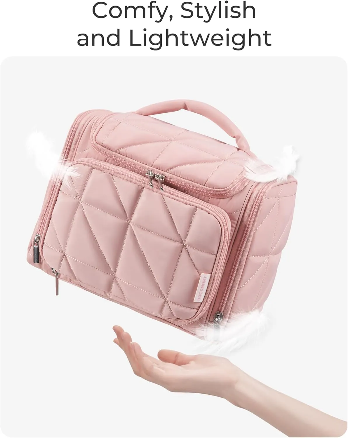 BAGSMART Toiletry Bag Travel Bag with Hanging Hook, Water-resistant Lightweight Puffy Makeup Bag Large Wide-open Travel Bag for Women Travel Organizer for Accessories, Cosmetics, Toiletries, Nude Pink