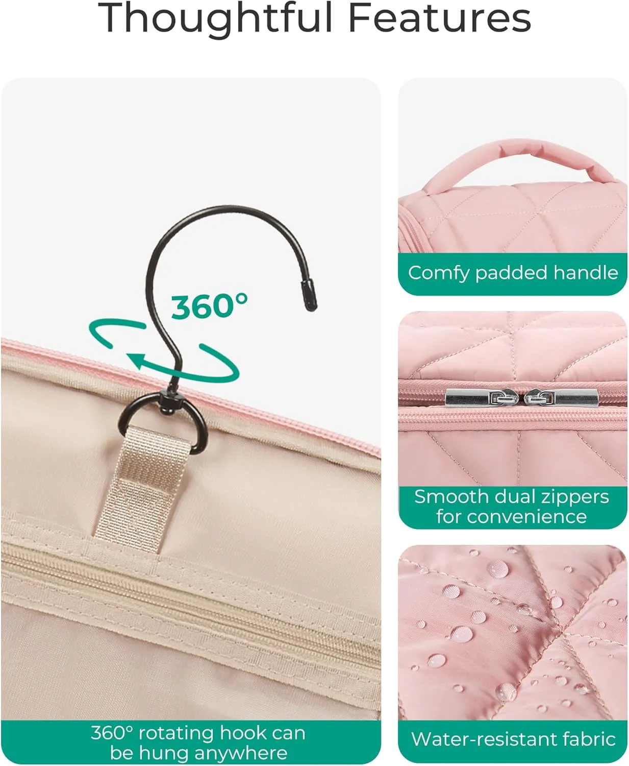 BAGSMART Toiletry Bag Travel Bag with Hanging Hook, Water-resistant Lightweight Puffy Makeup Bag Large Wide-open Travel Bag for Women Travel Organizer for Accessories, Cosmetics, Toiletries, Nude Pink