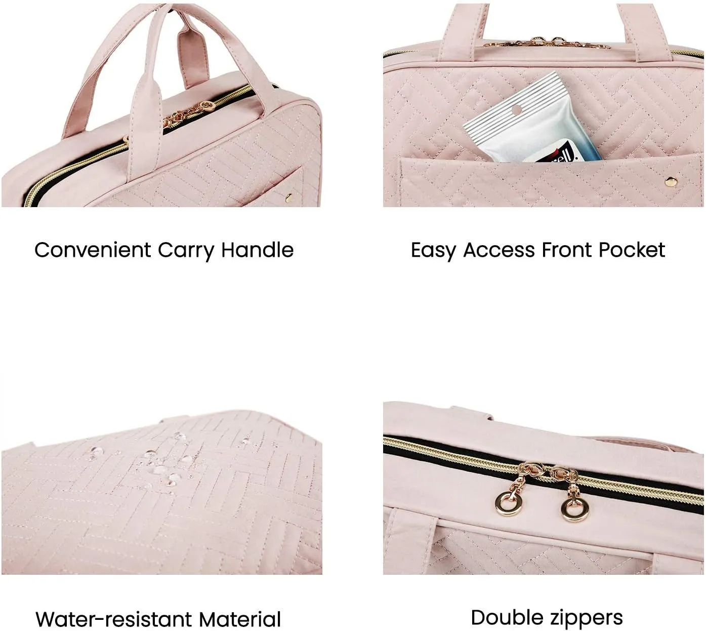 BAGSMART Toiletry Bag Travel Bag with Hanging Hook, Water-resistant Makeup Cosmetic Bag Travel Organizer for Accessories, Shampoo, Full-size Container, Toiletries (Baby Pink, Medium)