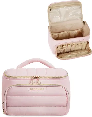 BAGSMART Travel Makeup Bag with Jewelry Organizer, Portable Make Up Bag, Puffy Wide-Opening Cosmetic Storage Pouch for Women’s Toiletries and Travel Essentials (Baby Pink)