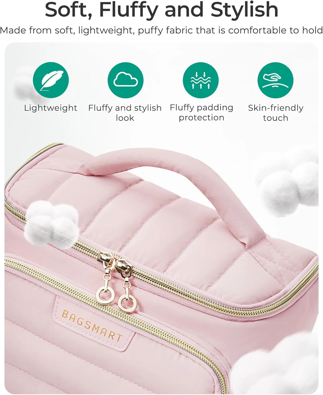BAGSMART Travel Makeup Bag with Jewelry Organizer, Portable Make Up Bag, Puffy Wide-Opening Cosmetic Storage Pouch for Women’s Toiletries and Travel Essentials (Baby Pink)