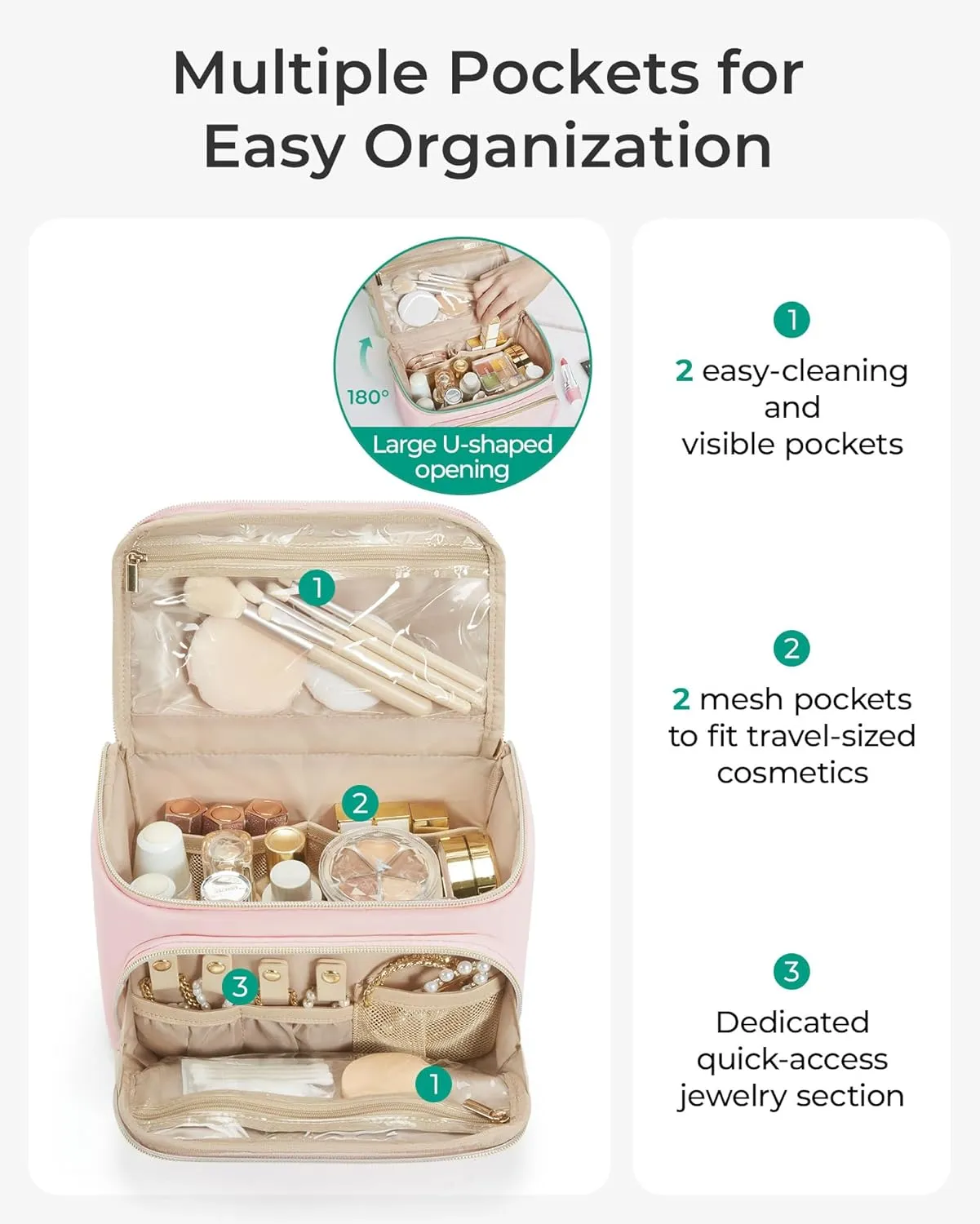 BAGSMART Travel Makeup Bag with Jewelry Organizer, Portable Make Up Bag, Puffy Wide-Opening Cosmetic Storage Pouch for Women’s Toiletries and Travel Essentials (Baby Pink)