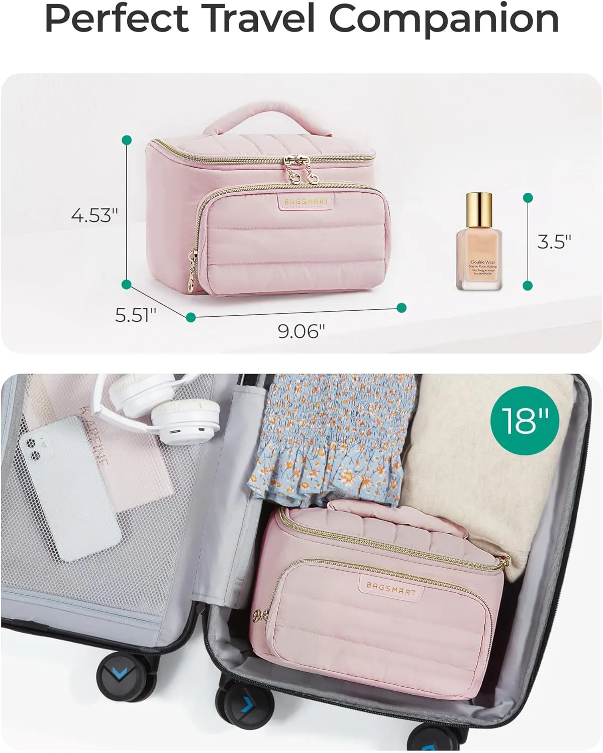 BAGSMART Travel Makeup Bag with Jewelry Organizer, Portable Make Up Bag, Puffy Wide-Opening Cosmetic Storage Pouch for Women’s Toiletries and Travel Essentials (Baby Pink)
