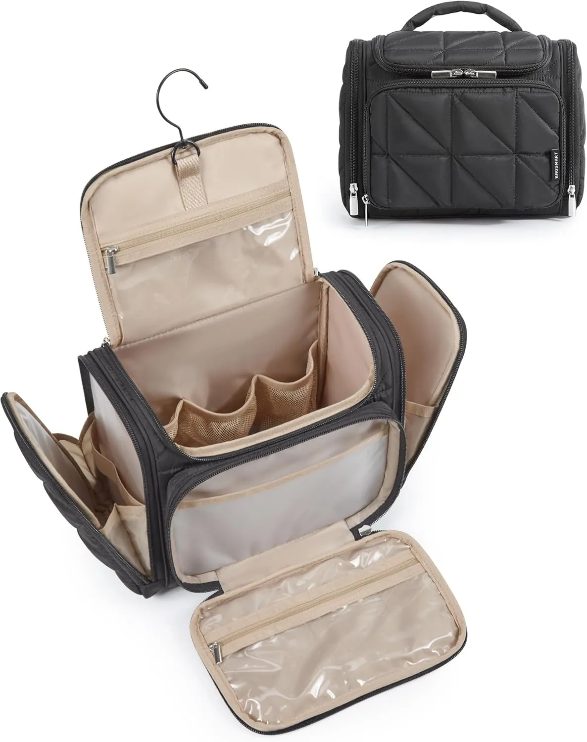 BAGSMART Travel Toiletry Bag, Large Wide-open Travel Bag for Toiletries with Handle, Portable Hanging Organizer for Full-Sized Shampoo, Conditioner, Brushes Set, Travel-Size Accessories, Black