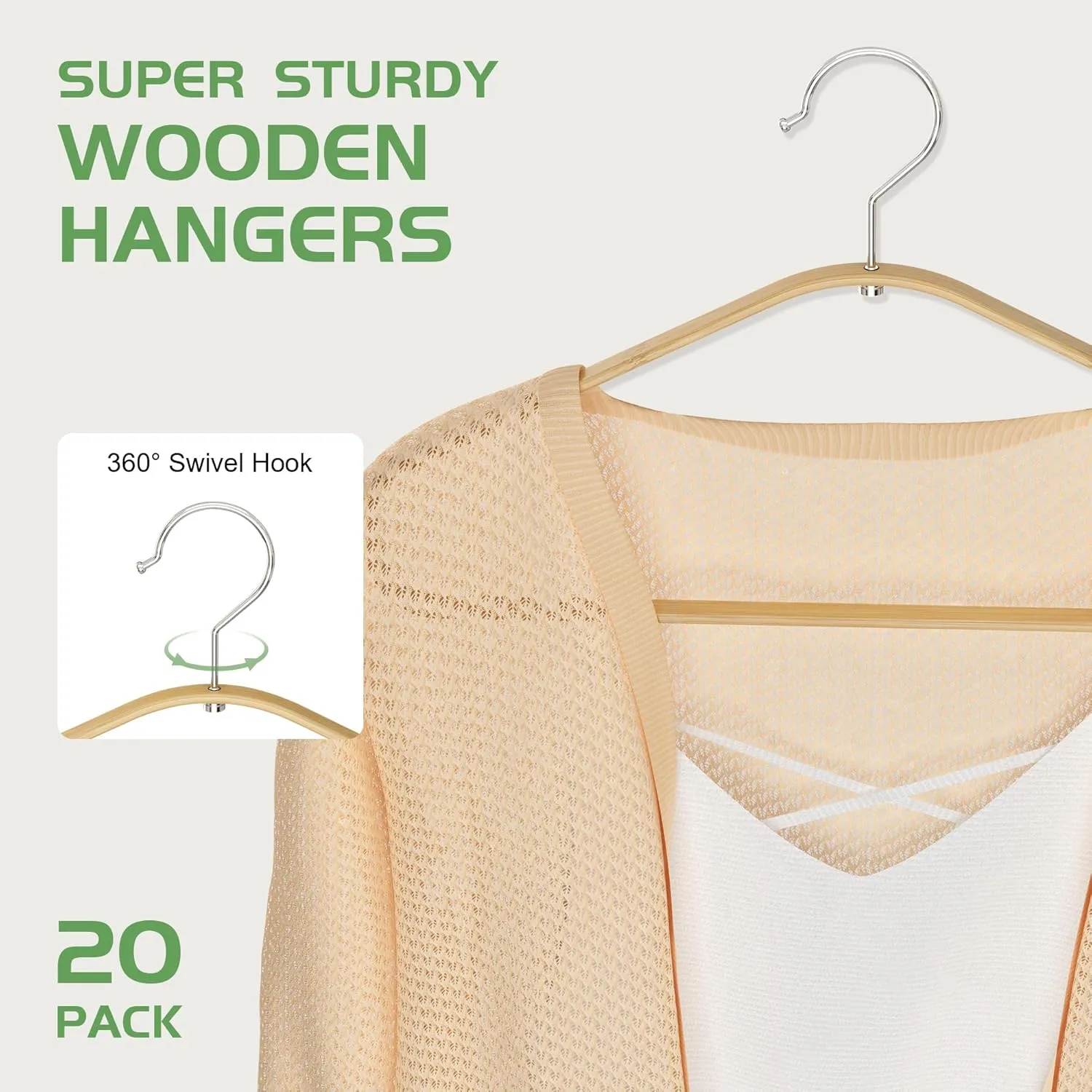 Bamboo Hangers 20 Pack - Durable & Slim Coat Hanger - Suit Hangers with 360-Degree Rotatable Hook, Suit Hangers for Clothes, Jacket, Shirt, Tank Top, Pant (Natural, 20)