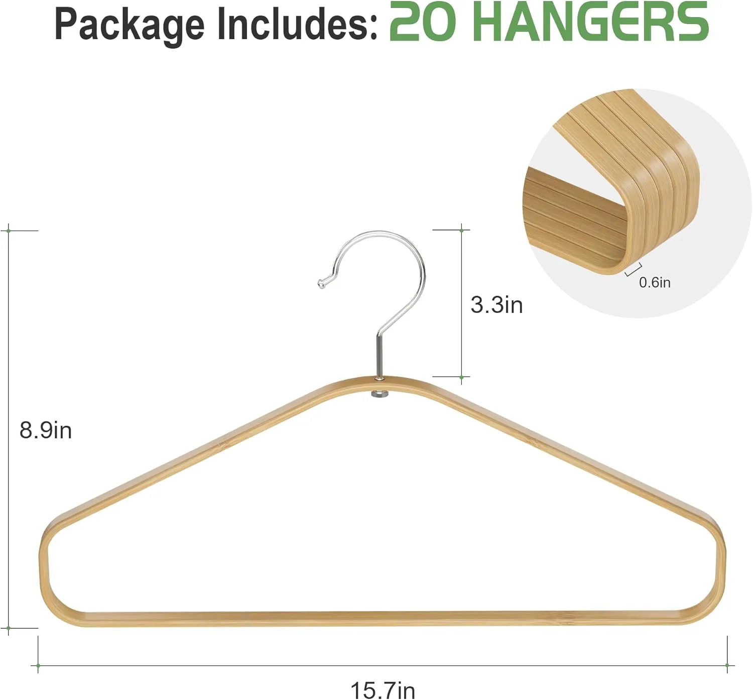 Bamboo Hangers 20 Pack - Durable & Slim Coat Hanger - Suit Hangers with 360-Degree Rotatable Hook, Suit Hangers for Clothes, Jacket, Shirt, Tank Top, Pant (Natural, 20)