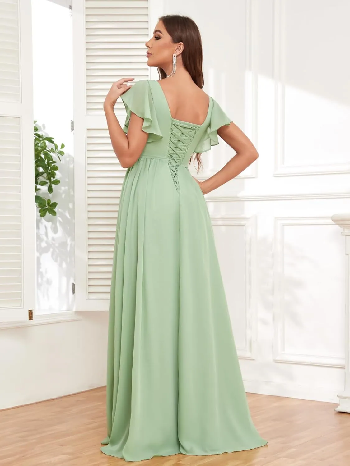 BANTRATIC Women's Bridesmaid Dress with Pockets Sleeve Slit Deep V-Neck Empire Long Chiffon Wedding Guest Formal Gown
