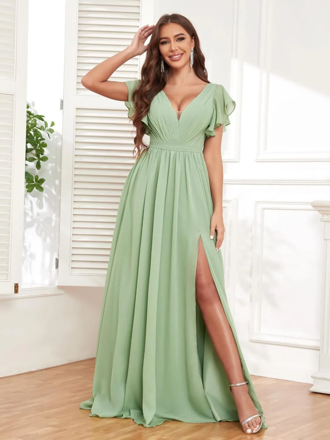 BANTRATIC Women's Bridesmaid Dress with Pockets Sleeve Slit Deep V-Neck Empire Long Chiffon Wedding Guest Formal Gown