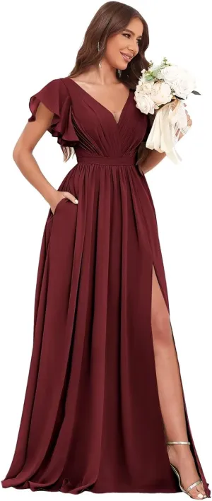 BANTRATIC Women's Bridesmaid Dress with Pockets Sleeve Slit Deep V-Neck Empire Long Chiffon Wedding Guest Formal Gown