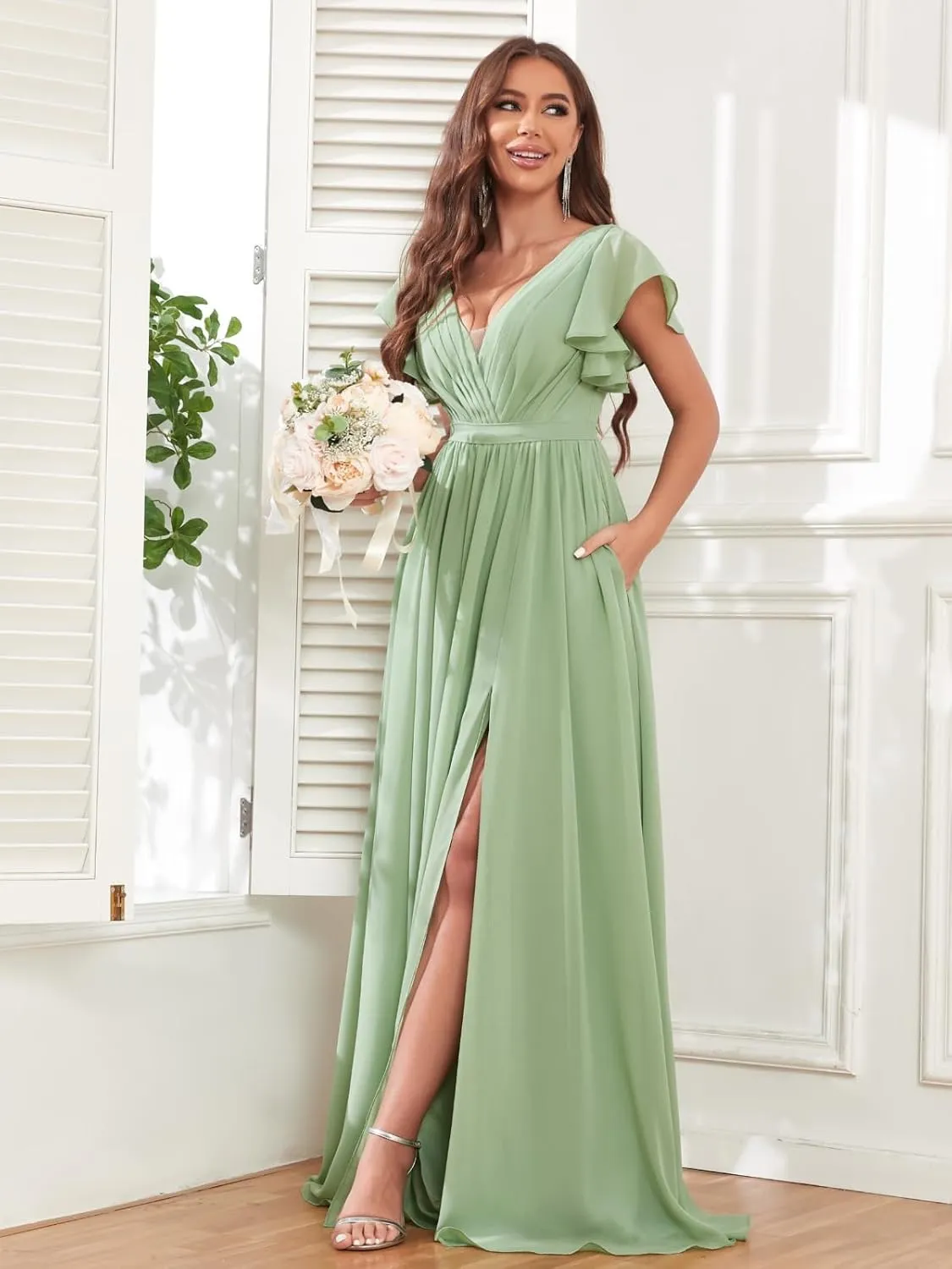 BANTRATIC Women's Bridesmaid Dress with Pockets Sleeve Slit Deep V-Neck Empire Long Chiffon Wedding Guest Formal Gown