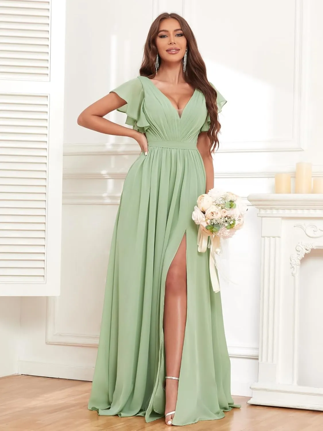 BANTRATIC Women's Bridesmaid Dress with Pockets Sleeve Slit Deep V-Neck Empire Long Chiffon Wedding Guest Formal Gown