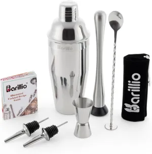 Barillio Mixology Bartender Kit - 8-Pc Stainless-Steel Travel Cocktail Shaker Set with Bag - Bar Tools Set w/Martini Shaker, Drink Mixer Spoon & Mojito Muddler for Cocktails - Bar & Bartending Kit