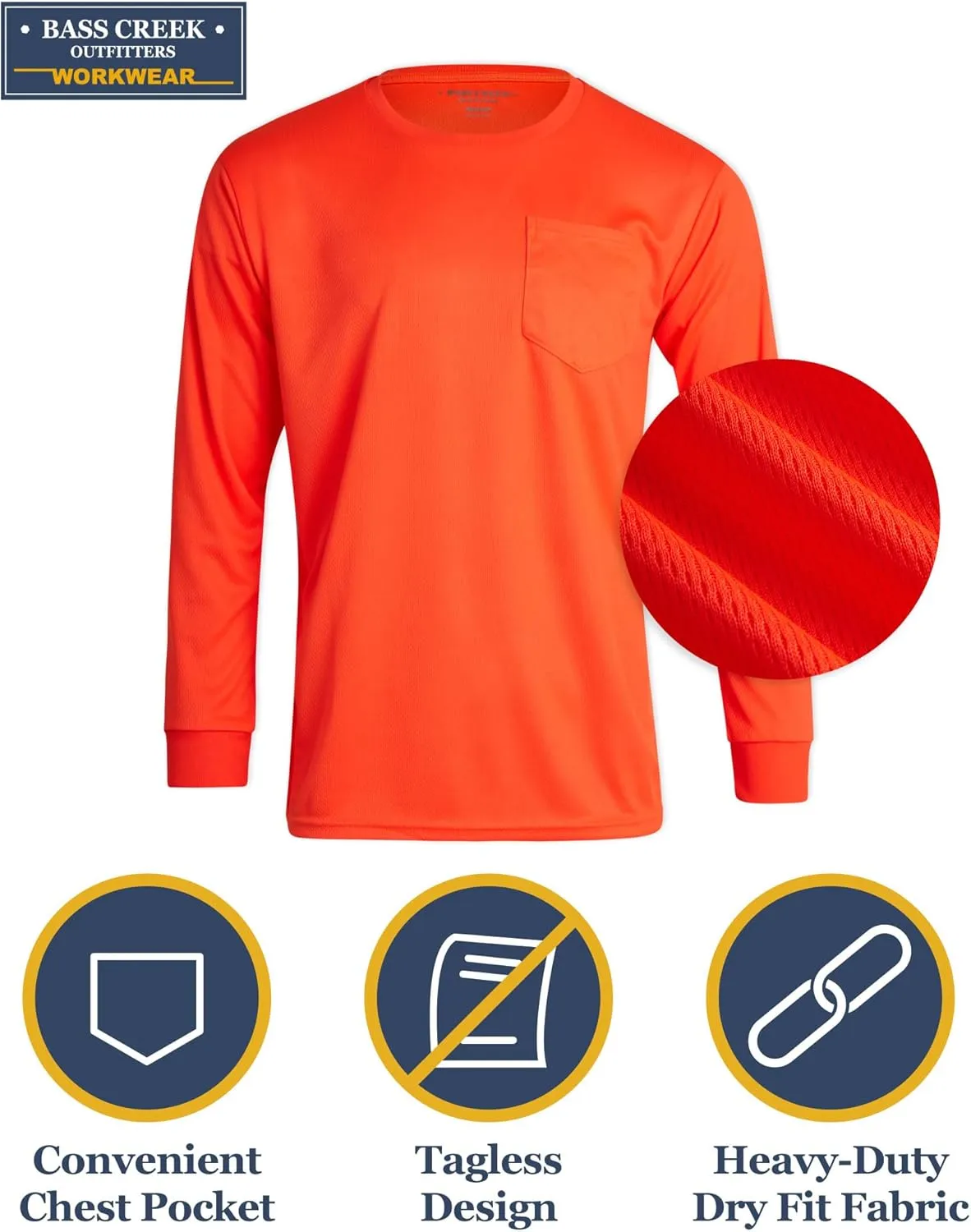 Bass Creek Outfitters Men's High Visibility Long Sleeve Shirts – 4 Pack Performance Mesh Hi Vis Construction Shirt (M-XXL)