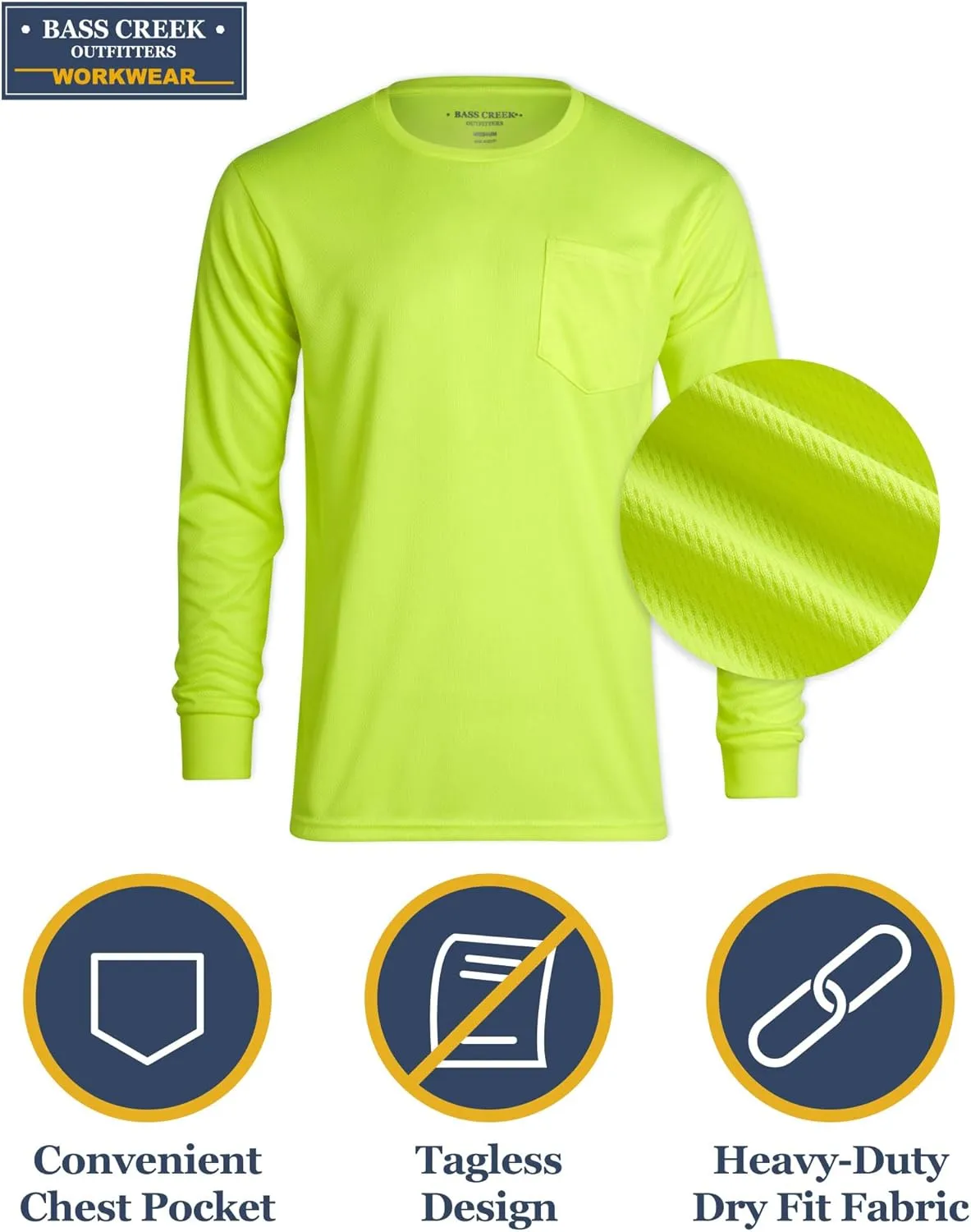 Bass Creek Outfitters Men's High Visibility Long Sleeve Shirts – 4 Pack Performance Mesh Hi Vis Construction Shirt (M-XXL)