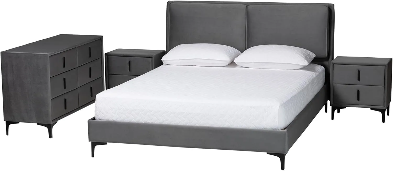Baxton Studio Etienne Modern Slate Gray Velvet Queen 4-Piece Bedroom Set