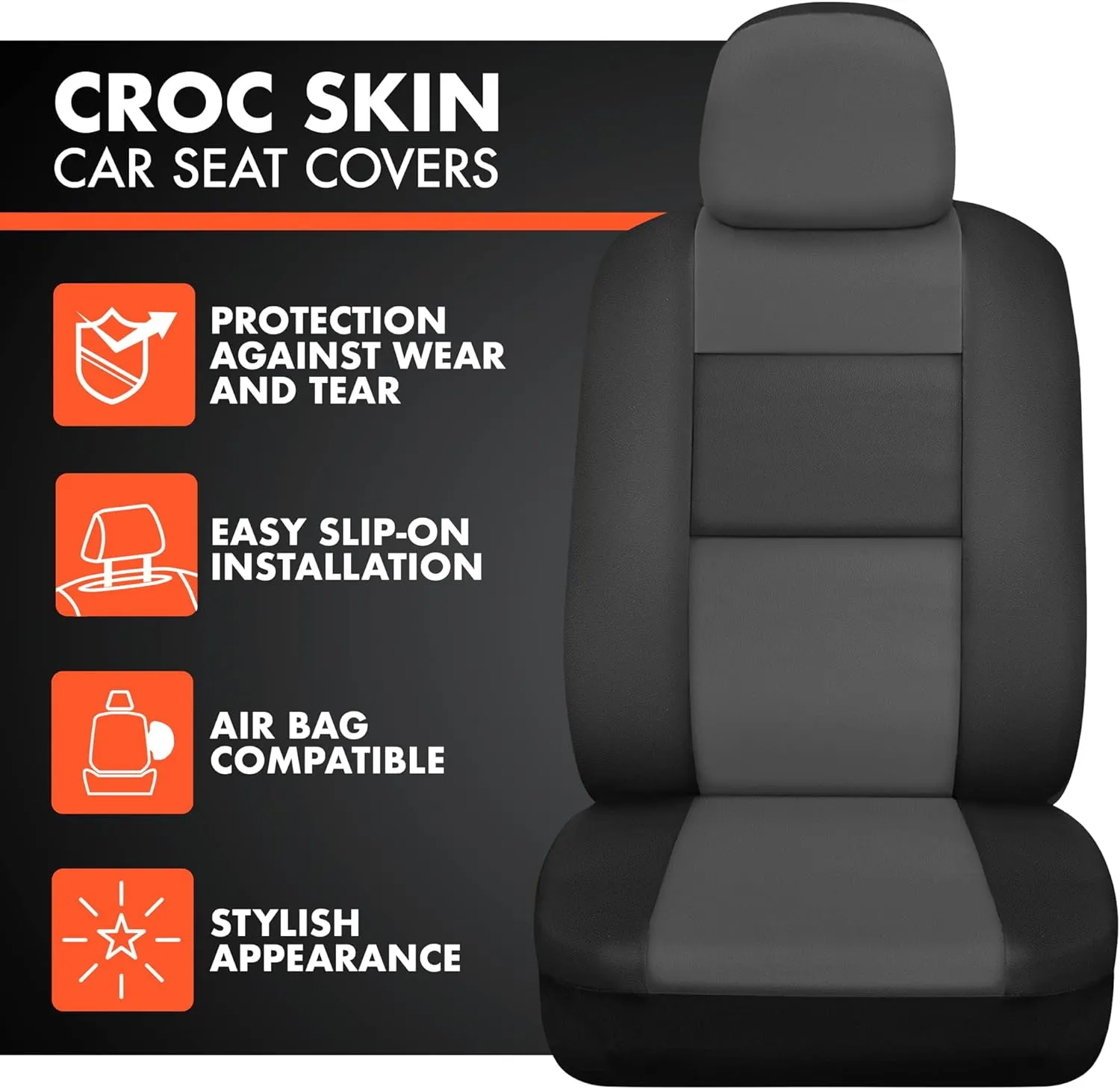 BDk Faux Leather Car Seat Cover Full Set - Front & Rear Split Bench Charcoal Seat Covers For SUV & Truck Seat Covers, Airbag Compatible - Protective Seat Covers for Car Seats & Car Accessories