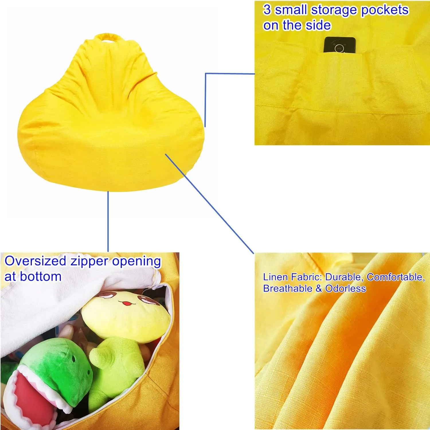 Bean Bag Chair Cover with Inner Liner (No Filler), 39" x 47" Stuffed Animal Storage Bean Bag Chair Cover, Upgrade Easy Cleaning Cotton Linen Bean Bag Cover Only (Yellow, X-Large)