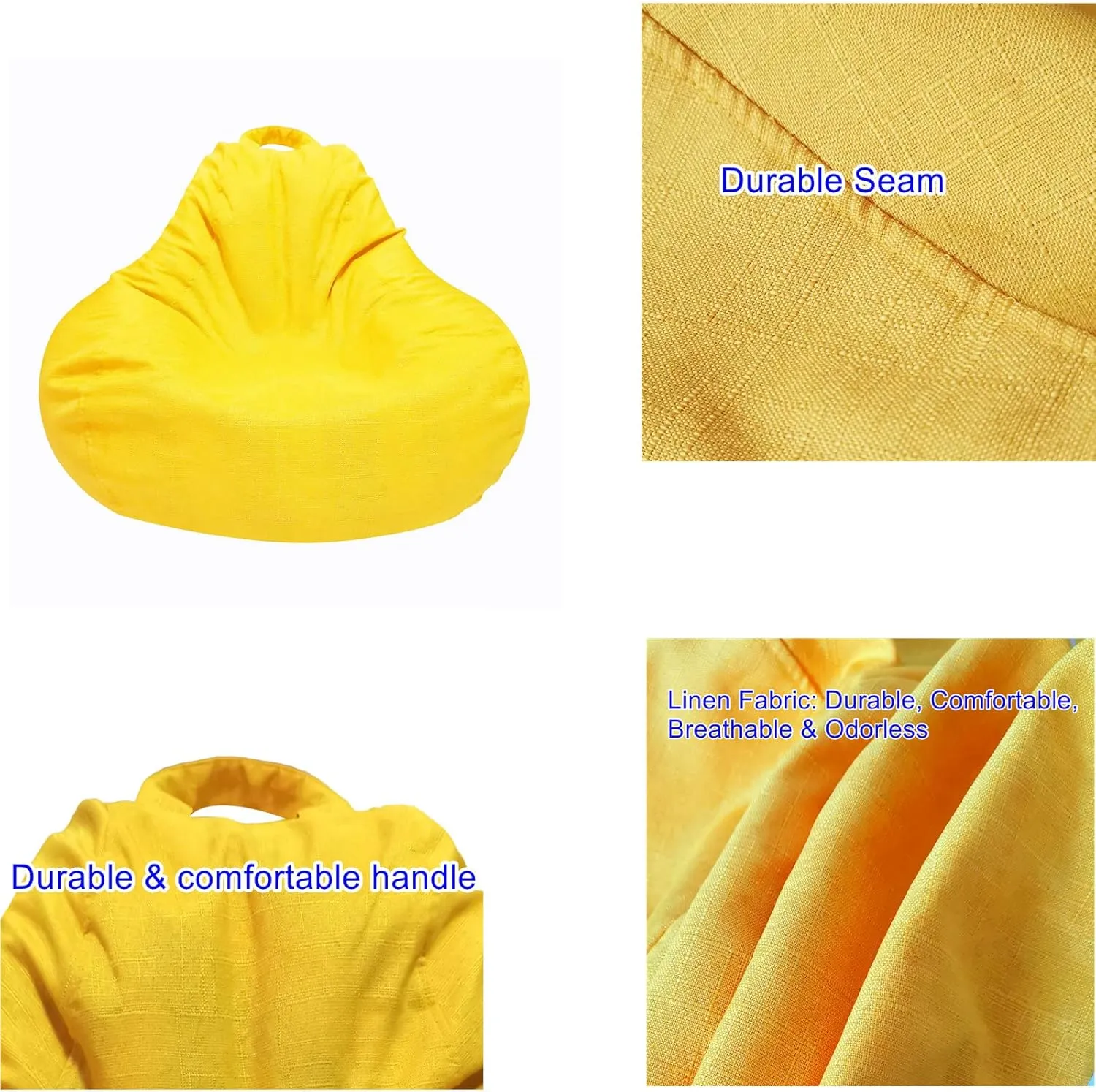 Bean Bag Chair Cover with Inner Liner (No Filler), 39" x 47" Stuffed Animal Storage Bean Bag Chair Cover, Upgrade Easy Cleaning Cotton Linen Bean Bag Cover Only (Yellow, X-Large)