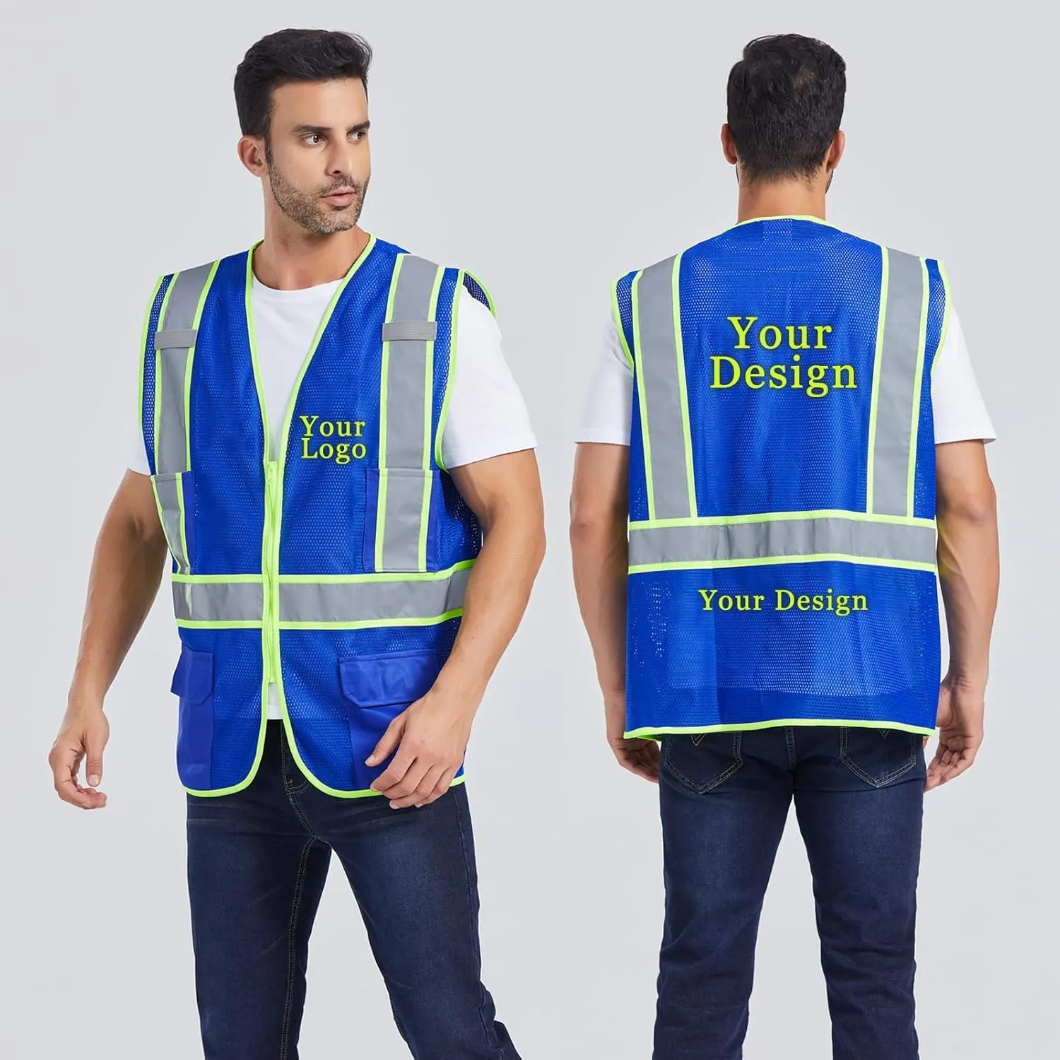 BeautyWill Custom Safety Vest Customized Logo Class 2 High Visibility Reflective Vest with Pockets Construction workwear