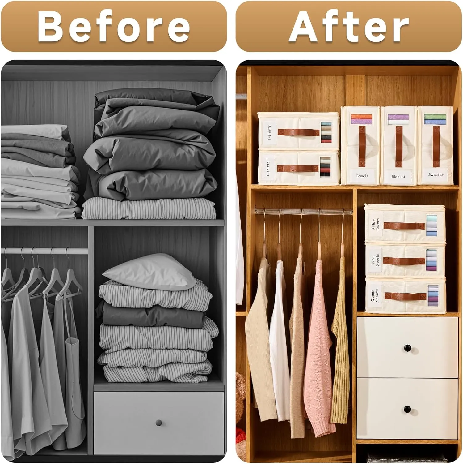 Bed Sheet Organizer 4 Pack - No Insects Entry Sheet Organizers and Storage with Zipper, Label, Handle, Window, Linen Closet Organizers and Storage for Sheet Set, Clothing, Duvet Covers, Blanket