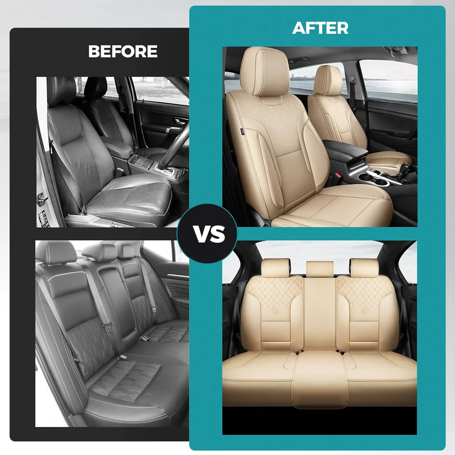 Beige Car Seat Covers Full Set - Breathable Faux Leather Universal 5 Seat Covers for Cars, Automotive Protector Fit for Most Sedan SUV Pick-up Truck