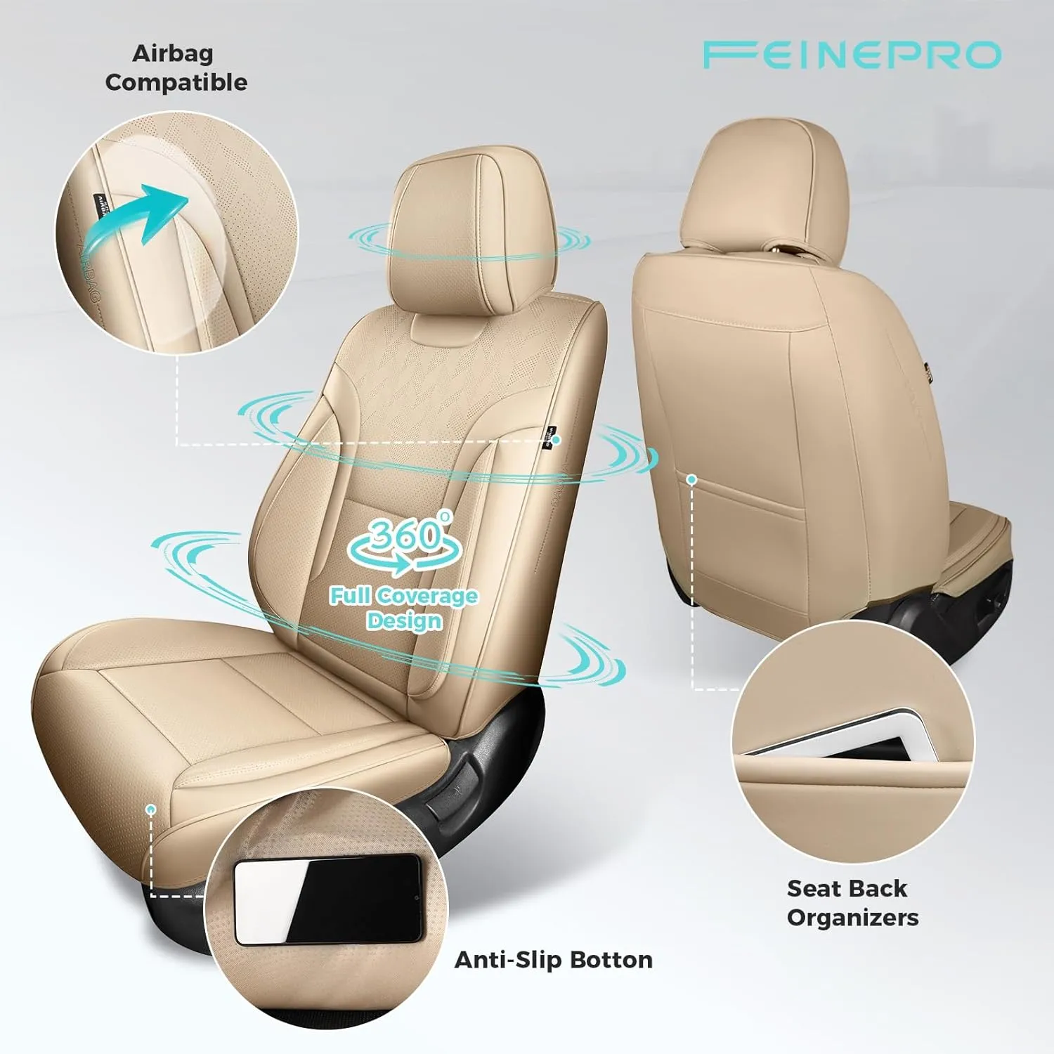 Beige Car Seat Covers Full Set - Breathable Faux Leather Universal 5 Seat Covers for Cars, Automotive Protector Fit for Most Sedan SUV Pick-up Truck