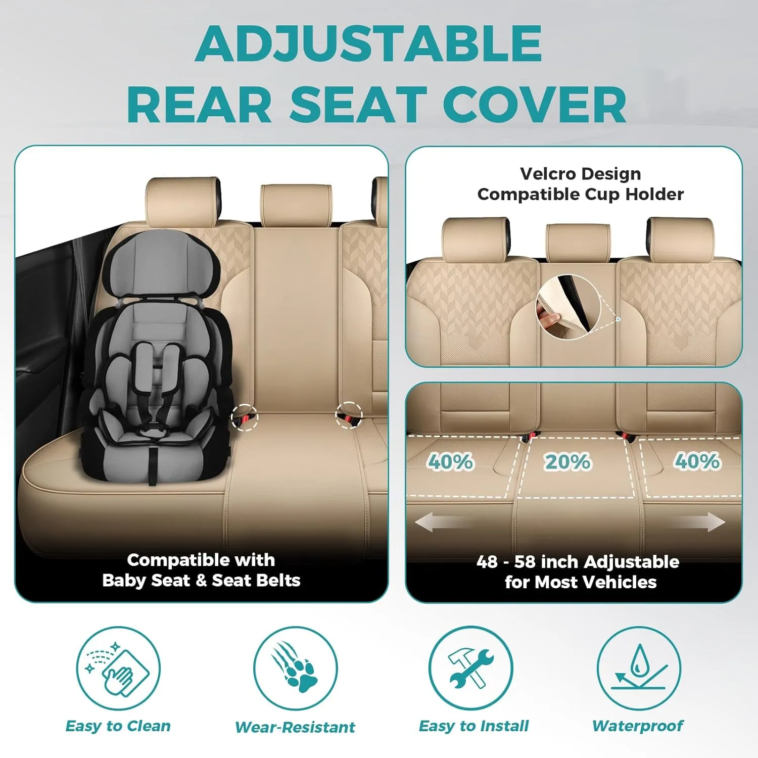 Beige Car Seat Covers Full Set - Breathable Faux Leather Universal 5 Seat Covers for Cars, Automotive Protector Fit for Most Sedan SUV Pick-up Truck