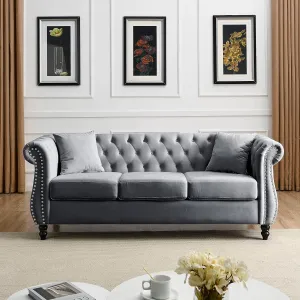 Bellemave 80" Chesterfield Sofa Couch Velvet 3-Seater Sofa with Two Pillows, Nailhead & Rolled Arms Upholstered Sofa with Curved Backrest Solid Wood Legs for Living Room, Bedroom, Office (Grey)