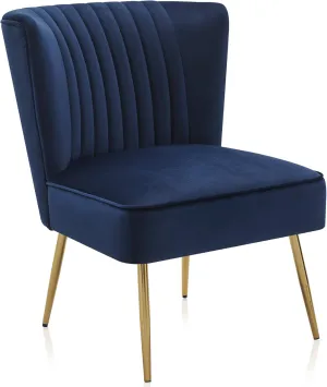 BELLEZE Modern Velvet Accent Chair, Armless Slipper Chair with Gold Legs Channel Tufting, Elegant Vintage Comfy Corner Chair for Living Room, Bedroom, Office - Ethia (Blue)