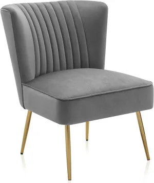 BELLEZE Modern Velvet Accent Chair, Armless Slipper Chair with Gold Legs Channel Tufting, Elegant Vintage Comfy Corner Chair for Living Room, Bedroom, Office - Ethia (Gray)