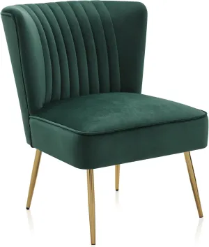 BELLEZE Modern Velvet Accent Chair, Armless Slipper Chair with Gold Legs Channel Tufting, Elegant Vintage Comfy Corner Chair for Living Room, Bedroom, Office - Ethia (Green)