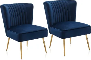 BELLEZE Modern Velvet Accent Chairs Set of 2, Armless Slipper Chairs with Gold Legs Channel Tufting, Elegant Vintage Comfy Corner Chairs for Living Room, Bedroom, Office - Ethia (Blue)