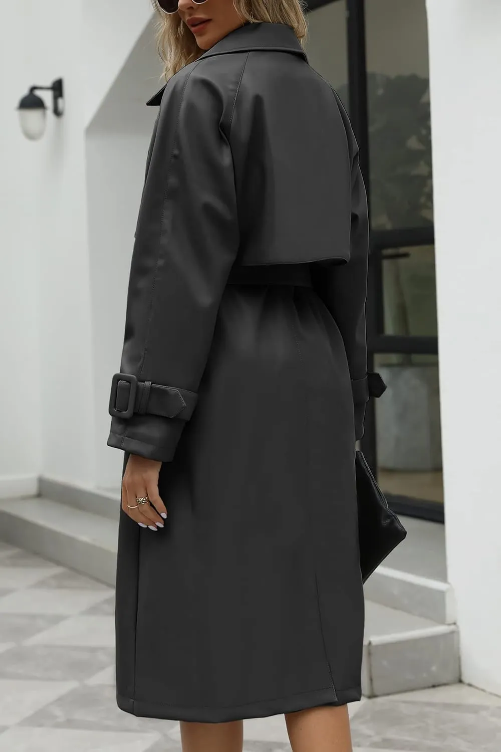 Bellivera Women Trench Coat Long Loose Jacket Faux PU Leather Oversize Classic Lapel Overcoat with Belt