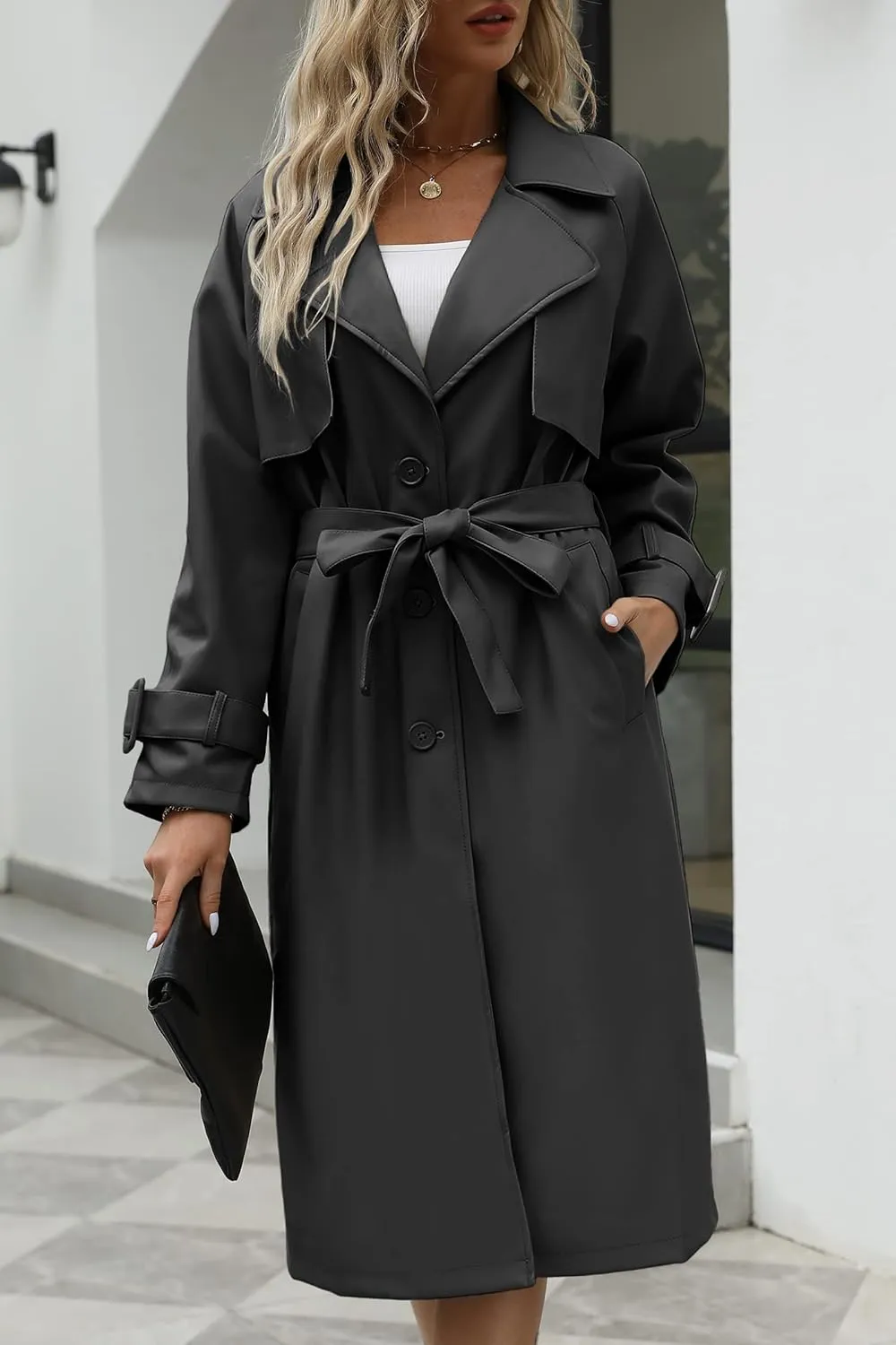 Bellivera Women Trench Coat Long Loose Jacket Faux PU Leather Oversize Classic Lapel Overcoat with Belt